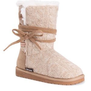 Muk Luks Clementine Beige Brown Boot Fairisle Cozy Strappy Bow 7